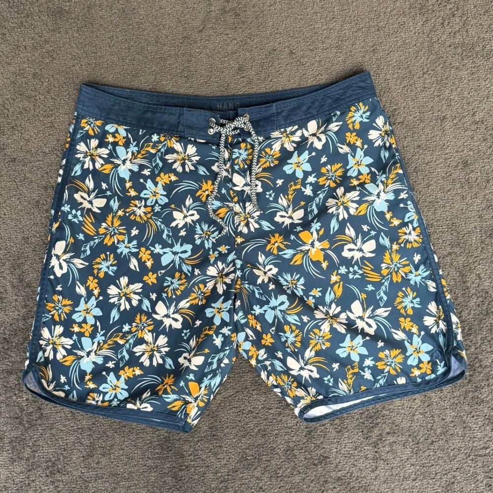 Hang Ten Mens Navy Blue Floral Hibiscus Board Shorts Swim Trunks Size 36